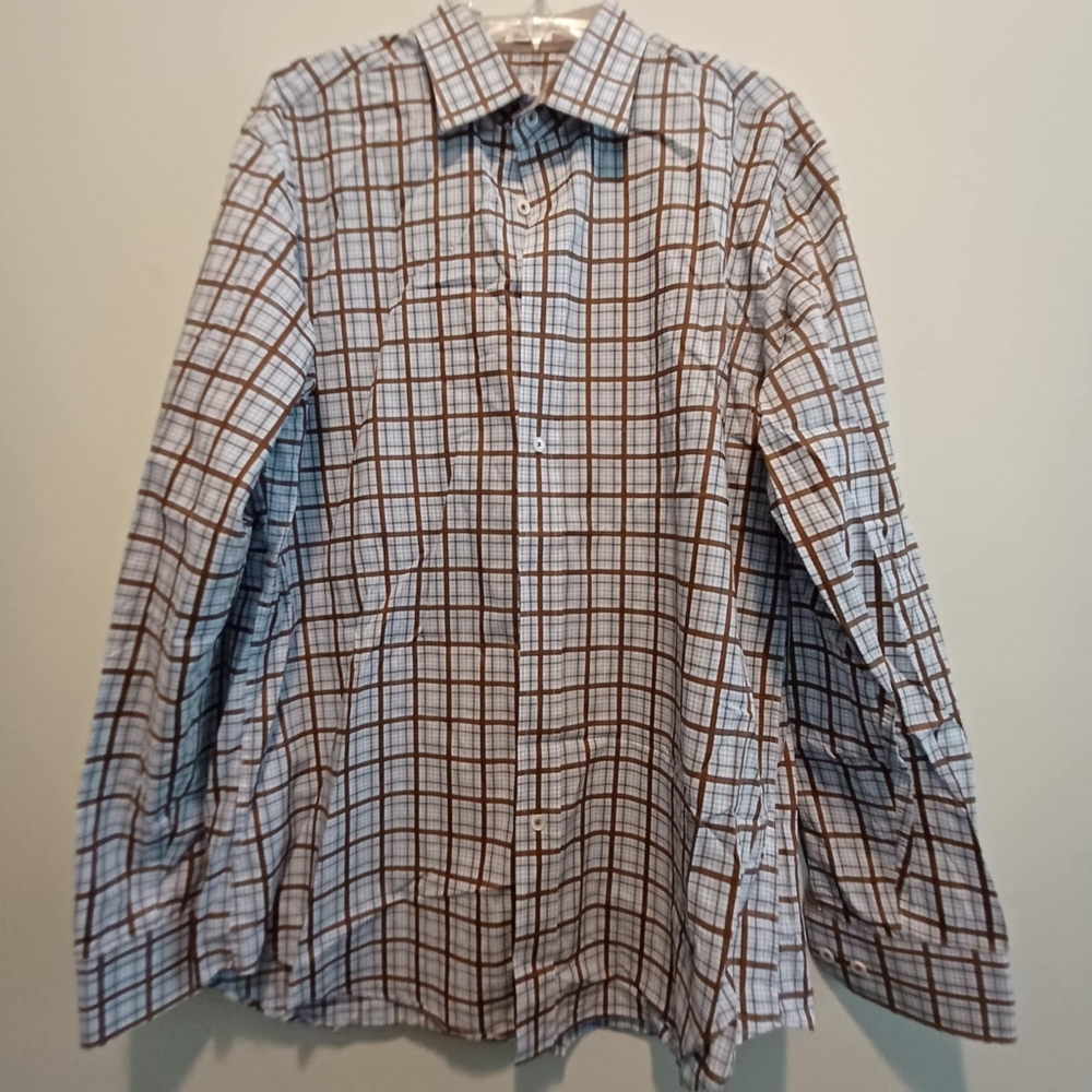 Bugatchi Shirt Mens Large Blue Plaid Flip Cuff Long Sleeve Button Up‎ Preppy
